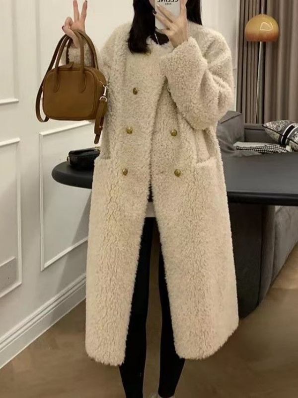 plus Size Mid-Length Lamb Fur  - Wool Coat Peacoat 评论和价格
